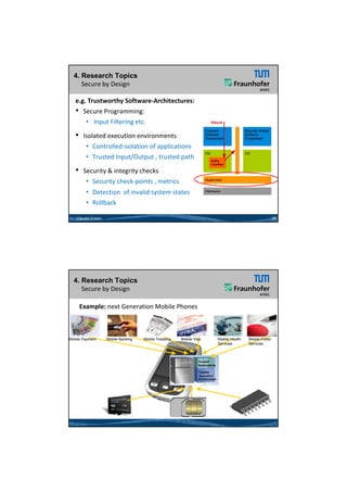 26.05.2012




  4. Research Topics
     Secure by Design

   e.g. Trustworthy Software‐Architectures: 
   • Secure Programming: 
       • Input Filtering etc.

   •    Isolated execution environments
         • Controlled isolation of applications
         • Trusted Input/Output , trusted path

   •    Security & integrity checks
        Security & integrity checks
         • Security check‐points , metrics
         • Detection  of invalid system states 
         • Rollback

   Claudia Eckert                                                                                               25




  4. Research Topics
     Secure by Design

       Example: next Generation Mobile Phones



Mobile Payment      Mobile Banking   Mobile Ticketing   Mobile Visa             Mobile Health   Mobile Public
                                                                                Services        Services



                                                                 Trusted
                                                                 Applications

                                                                 Trusted
                                                                 Execution
                                                                 Environment




                                                                                                                            13
 