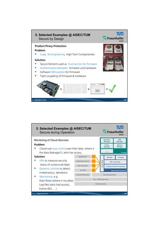 26.05.2012




5. Selected Examples @ AISEC/TUM
   Secure by Design

Product Piracy Protection
Problem
 C Copy, Re-Engineering Hi h T h Componentes
          R E i      i   High-Tech C      t

Solution
 Secure Element used as trust anchor for firmware
 Authentication between firmware und hardware
 Software Obfuscation for firmware
 Tight coupeling of firmware & hardware




Claudia Eckert                                                                                                  33




 5. Selected Examples @ AISEC/TUM
    Secure during Operation

Monitoring of Cloud-Services                                                    Workflow
                                                                                Manager
                                                                                                      GRC
                                                                                                     Manager

Problem                                                                           Policy             Metrics
                                                                                  a age
                                                                                 Manager              a age
                                                                                                     Manager
 Cloud-user lose control over their data: where is
    the data (leakages?), who has access,                                          …                         PLUGINS


Solution                                Application
                                                                                     Modelle          Vorlagen

 KPIs to measure security
                                                                    Event Bus




                                     Application Server
                                                                                           DSL Interpreter

     status of outsourced Appl.       App Controller
                                                                                   Complex Event Processing
 Dynamic controls to detect             Java VM                                            MONITORING FRAMEWORK
    misbehaviour, deviations
                                     Virtuelle Maschine                         Virtuelle Maschine
 Monitoring: e.g.
                                                          Xen / KVM Hypervisor
    Data flows (where is my data),
    Log-files (who had access),                             Betriebssystem


    Events (IDS, …)
  Claudia Eckert                                                                                                 34




                                                                                                                              17
 