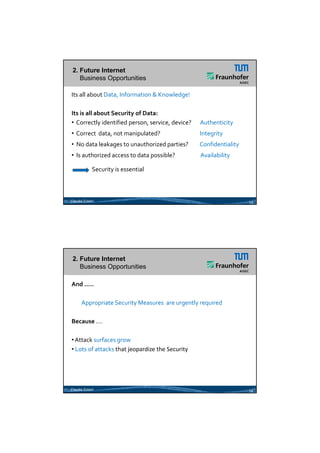 26.05.2012




 2. Future Internet
    Business Opportunities

Its all about Data, Information & Knowledge!

Its is all about Security of Data:
• Correctly identified person, service, device?       Authenticity
• Correct  data, not manipulated?                               Integrity
• No data leakages to unauthorized parties?         Confidentiality
• Is authorized access to data possible?                    Availability 

             Security is essential



Claudia Eckert                                                              13




 2. Future Internet
    Business Opportunities

And .....

      Appropriate Security Measures  are urgently required

Because .... 

• Attack surfaces grow
• Lots of attacks that jeopardize the Security 




Claudia Eckert                                                              14




                                                                                         7
 