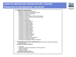 CAMPO DE OBSERVACIÓN ADMINISTRACIÓN Y GESTIÓN  FORMACIÓN DE PROFESIONALES Y SUS DATOS INCUAL 
