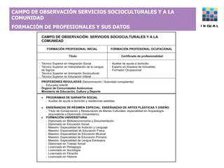 CAMPO DE OBSERVACIÓN SERVICIOS SOCIOCULTURALES Y A LA COMUNIDAD  FORMACIÓN DE PROFESIONALES Y SUS DATOS INCUAL 