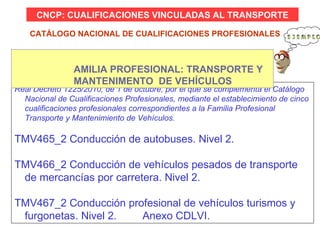 Real Decreto 1225/2010, de 1 de octubre, por el que se complementa el Catálogo Nacional de Cualificaciones Profesionales, mediante el establecimiento de cinco cualificaciones profesionales correspondientes a la Familia Profesional Transporte y Mantenimiento de Vehículos. TMV465_2 Conducción de autobuses. Nivel 2. TMV466_2 Conducción de vehículos pesados de transporte de mercancías por carretera. Nivel 2. TMV467_2 Conducción profesional de vehículos turismos y furgonetas. Nivel 2. Anexo CDLVI. CATÁLOGO NACIONAL DE CUALIFICACIONES PROFESIONALES CNCP: CUALIFICACIONES VINCULADAS AL TRANSPORTE FAMILIA PROFESIONAL: TRANSPORTE Y MANTENIMENTO  DE VEHÍCULOS 