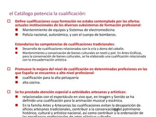 el Catálogo potencia la cualificación: Define cualificaciones cuya formación no estaba contemplada por las ofertas actuales institucionales de los diversos subsistemas de formación profesional : Mantenimiento de equipos y Sistemas de electromedicina Policía nacional, autonómica, y con el cuerpo de bomberos.  Estandariza las competencias de cualificaciones tradicionales :  Desarrollo de cualificaciones relacionadas con la cría y doma del caballo.  Mantenimiento y conservación de bienes culturales en textil y piel. En Artes Gráficas, para la conservación de bienes culturales, se ha elaborado una cualificación relacionada con la encuadernación artística. Promueve la mejora del nivel de cualificación en determinadas profesiones en las que España se encuentra a alto nivel profesional : cualificación para la alta peluquería alta cocina. Se ha prestado atención especial a actividades artesanas y artísticas:   relacionadas con el espectáculo en vivo que, en Imagen y Sonido se ha definido una cualificación para la animación musical y escénica. En la familia Artes y Artesanías las cualificaciones evitan la desaparición de oficios artesanos tradicionales, contribuir a la conservación del patrimonio histórico, cultural y artístico nacional, así como contribuir a la ordenación de las enseñanzas profesionales de artes plásticas y diseño. 