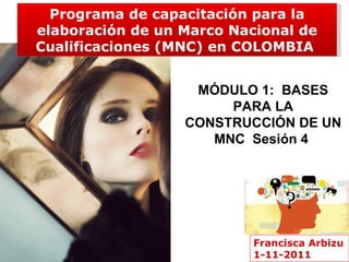 Francisca Arbizu 1-11-2011 Programa de capacitación para la elaboración de un Marco Nacional de Cualificaciones (MNC) en COLOMBIA   MÓDULO 1 :  BASES PARA LA CONSTRUCCIÓN DE UN MNC  Sesión 4  