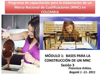 Programa de capacitación para la elaboración de un
   Marco Nacional de Cualificaciones (MNC) en
                   COLOMBIA




                     MÓDULO 1: BASES PARA LA
                     CONSTRUCCIÓN DE UN MNC
                            Sesión 3
                                    Francisca Arbizu.
                                    Bogotá 1 -11- 2011
 