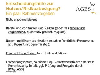 Entscheidungshilfe zur
Nutzen/Risikoabwägung?
Ein paar Rahmenvorgaben
Nicht emotionalisierend

Darstellung von Nutzen und Risiken (jedenfalls tabellarisch
 vergleichend, quantitativ grafisch möglich).

Nutzen und Risken als absolute Angaben (natürliche Frequenzen,
 ggf. Prozent mit Denominator).

Keine relativen Risiken bzw. Risikoreduktionen

Erscheinungsdatum, Versionierung, Verantwortlichkeiten darstellt
 (Veranlassung, Inhalt, ggf. Prüfung und Freigabe durch
 BMG/BASG)
www.basg.at
 