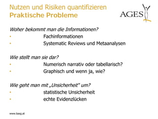 Nutzen und Risiken quantifizieren
Praktische Probleme

Woher bekommt man die Informationen?
•               Fachinformationen
•               Systematic Reviews und Metaanalysen

Wie stellt man sie dar?
•               Numerisch narrativ oder tabellarisch?
•               Graphisch und wenn ja, wie?

Wie geht man mit „Unsicherheit“ um?
•               statistische Unsicherheit
•               echte Evidenzlücken

www.basg.at
 