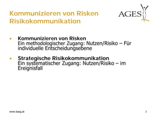 Kommunizieren von Risken
Risikokommunikation

     Kommunizieren von Risken
      Ein methodologischer Zugang: Nutzen/Risiko – Für
      individuelle Entscheidungsebene
     Strategische Risikokommunikation
      Ein systematischer Zugang: Nutzen/Risiko – im
      Ereignisfall




www.basg.at                                              3
 