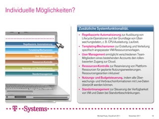 Individuelle Möglichkeiten?

                                       Zusätzliche Systemfunktionalität.
                                          Regelbasierte Automatisierung zur Auslösung von
                                           Lifecycle-Operationen auf der Grundlage von Über-
                                           wachungsdaten, z. B. CPU-Auslastung, Laufzeit.
       Regelbasierte Automatisierung
                                          Templating-Mechanismen zur Erstellung und Verteilung
            Templating-Mechanismen         spezifisch angepasster VM-Ressourcenvorlagen.
                  User Management
                                          User Management ermöglicht verschiedenen Team-
                                           Mitgliedern eines bestehenden Accounts den rollen-
                Ressourcen-Kontrolle       basierten Zugang zur Cloud.
                                          Ressourcen-Kontrolle zur Reservierung von Plattform-
      Nutzungs- und Budgetsteuerung
                                           Ressourcen für geplante Nutzungserweiterungen.
                Standortmanagement         Ressourcengarantien inklusive!
                                          Nutzungs- und Budgetsteuerung, indem alle Über-
                                           wachungs- und Verbrauchsinformationen mit Live-Daten
                                           überprüft werden können.
                                          Standortmanagement zur Steuerung der Verfügbarkeit
                                           von VM und Daten bei Standortbeschränkungen.




                                                      Michael Pauly, CloudConf 2011   November 2011   16
 