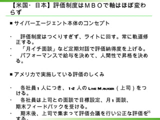【米国・日本】評価制度はＭＢＯで軸はほぼ変わらず ■サイバーエージェント本体のコンセプト ・　評価制度はつくりすぎず、ライトに回す。常に軌道修正する。 ・　「月イチ面談」など定期対話で評価納得度を上げる。 ・　パフォーマンスで給与を決めて、人間性で昇格を決める。 ■アメリカで実施している評価のしくみ ・　各社員1人につき、1-2人のLine Manager（上司）をつける。 ・　各社員は上司との面談で目標設定、月1面談、 期末フィードバックを受ける。 ・　期末後、上司で集まって評価会議を行い公正な評価をする。 