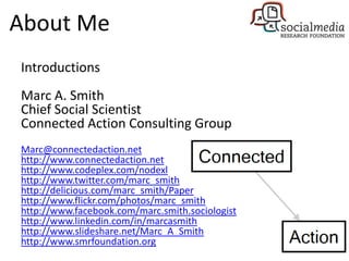 About Me
Introductions
Marc A. Smith
Chief Social Scientist
Connected Action Consulting Group
Marc@connectedaction.net
http://www.connectedaction.net
http://www.codeplex.com/nodexl
http://www.twitter.com/marc_smith
http://delicious.com/marc_smith/Paper
http://www.flickr.com/photos/marc_smith
http://www.facebook.com/marc.smith.sociologist
http://www.linkedin.com/in/marcasmith
http://www.slideshare.net/Marc_A_Smith
http://www.smrfoundation.org
 