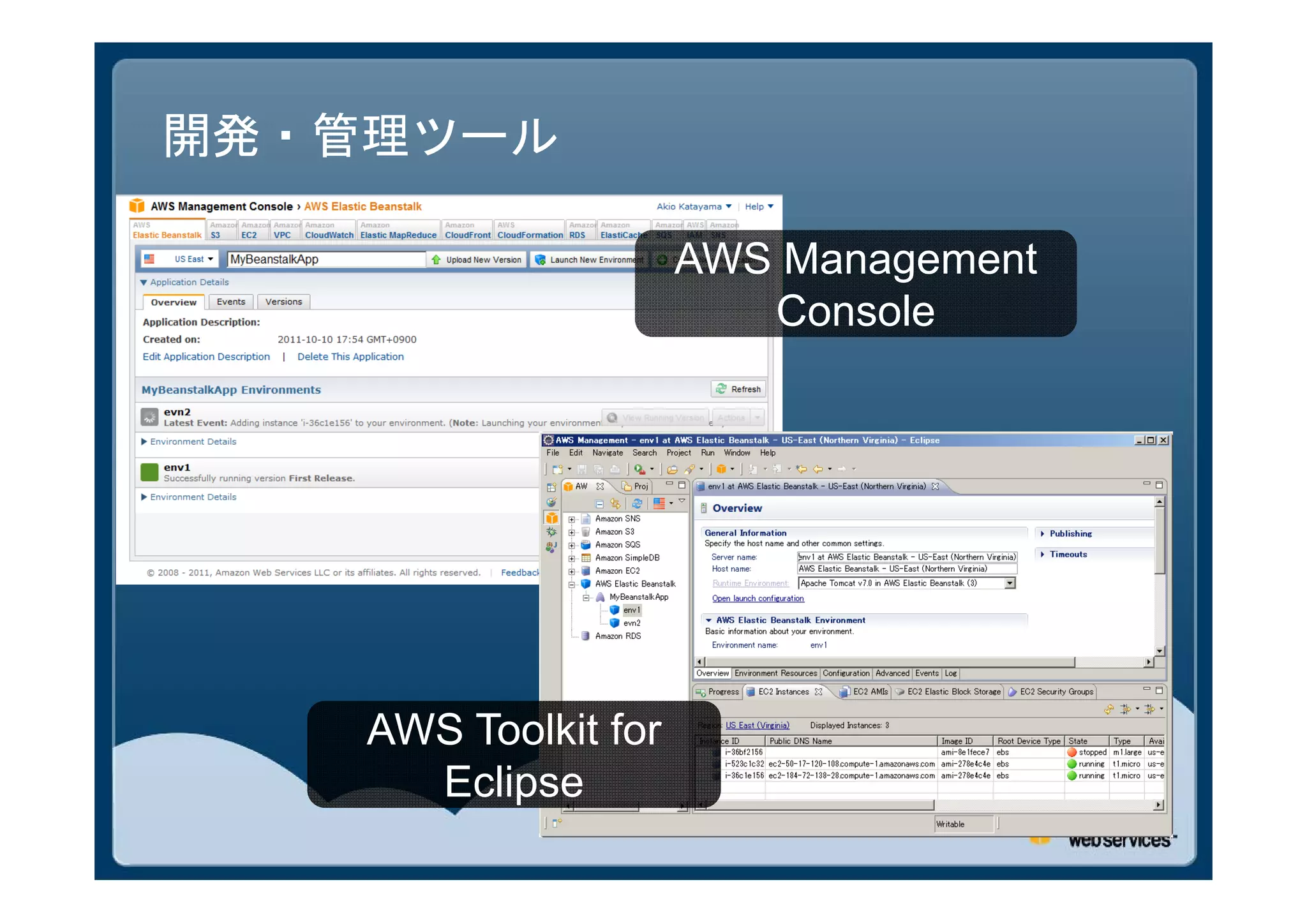 開発・管理ツール

                      AWS Management
                         Console




    AWS Toolkit for
      Eclipse
 