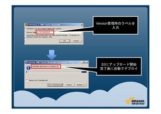 Version管理時のラベルを
        入力




 S3にアップロード開始
 完了後に自動でデプロイ
 