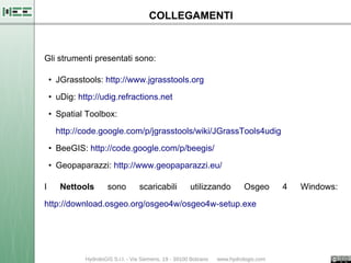 COLLEGAMENTI



Gli strumenti presentati sono:

    • JGrasstools: http://www.jgrasstools.org

    • uDig: http://udig.refractions.net

    • Spatial Toolbox:

      http://code.google.com/p/jgrasstools/wiki/JGrassTools4udig

    • BeeGIS: http://code.google.com/p/beegis/

    • Geopaparazzi: http://www.geopaparazzi.eu/

I      Nettools     sono     scaricabili   utilizzando   Osgeo     4   Windows:

http://download.osgeo.org/osgeo4w/osgeo4w-setup.exe
 