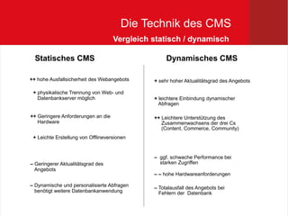 Die Technik des CMS
                                    Vergleich statisch / dynamisch

  Statisches CMS                                   Dynamisches CMS

++ hohe Ausfallsicherheit des Webangebots     + sehr hoher Aktualitätsgrad des Angebots

 + physikalische Trennung von Web- und
   Datenbankserver möglich                    + leichtere Einbindung dynamischer
                                                Abfragen

++ Geringere Anforderungen an die             ++ Leichtere Unterstützung des
   Hardware                                      Zusammenwachsens der drei Cs
                                                 (Content, Commerce, Community)
 + Leichte Erstellung von Offlineversionen


                                              – ggf. schwache Performance bei
– Geringerer Aktualitätsgrad des                starken Zugriffen
  Angebots
                                              – – hohe Hardwareanforderungen

– Dynamische und personalisierte Abfragen     – Totalausfall des Angebots bei
  benötigt weitere Datenbankanwendung           Fehlern der Datenbank
 