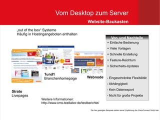 Vom Desktop zum Server
                                                Website-Baukasten
  „out of the box“ Systeme
  Häufig in Hostingangeboten enthalten
                                                                           Vor- und Nachteile
                                                                           Vor- und Nachteile
                                                                      + Einfache Bedienung
                                                                      + Einfache Bedienung
                                                                      + Viele Vorlagen
                                                                      + Viele Vorlagen
                                                                      + Schnelle Erstellung
                                                                      + Schnelle Erstellung
                                                                      + Feature-Reichtum
                                                                      + Feature-Reichtum
                                                                      + Sicherheits-Updates
                                                                      + Sicherheits-Updates

                  1und1
                  Branchenhomepage              Webnode               -- Eingeschränkte Flexibilität
                                                                         Eingeschränkte Flexibilität
                                                                      -- Abhängigkeit
                                                                         Abhängigkeit
                                                                      -- Kein Datenexport
                                                                         Kein Datenexport
Strato
Livepages                                                             -- Nicht für große Projekte
                                                                         Nicht für große Projekte
                Weitere Informationen:
                http://www.cms-testlabor.de/testberichte/

                                                   Die hier gezeigten Beispiele stellen keine Empfehlung der VisionConnect GmbH dar
 