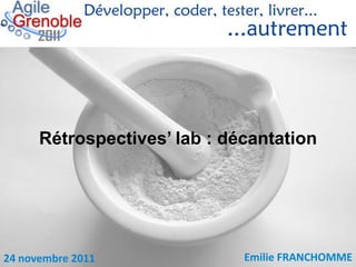Rétrospectives’ lab : décantation




24 novembre 2011              Emilie FRANCHOMME
 