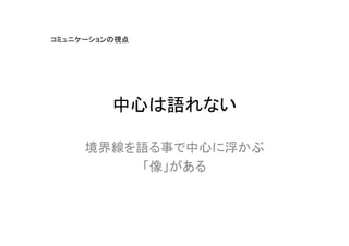 コミュニケーションの視点




         中心は語れない

     境界線を語る事で中心に浮かぶ
          「像」がある
 