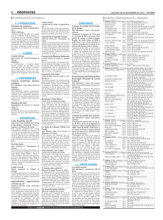 6        propostes                                                                                                                                                   dilluns 28 de novembre de 2011

 alternatives culturals                                                                                                                               cinema. programació i horaris
                                                                                                                                                   Cinema LAUREN C/ Pere Cabrera, 6·8 · Tel.: 973 20 54 48 · www.laurenfilm.es
                                                Canal visual                                                                                                                           SALA 1   De dv a dj: 22.30; golfa dv. ds: 00.15
             PROJECCIONS                        CaixaForum de Lleida. Avinguda Blon-                        CONCURSOS                                 detrás de las paredes
                                                                                                                                                                                       SALA 1   De dv a dj: 16.15, 18.15, 20.30
                                                                                                                                                      un golpe de altura
Filmoteca de Catalunya                          del, 3.                                          Concurs de cartells de les Festes                    asesinos de élite                SALA 2   De dv a dj: 16.40, 19.00, 22.10; golfa dv ds: 00.20
CaixaForum de Lleida. Avinguda Blon-            Fins al 26 de gener es pot veure una selec-      de la Tardor                                         las aventuras de tintín          SALA 3   De dv a dj: 18.15, 22.25; golfa div. dis: 00.30
del, 3.                                         ció de vídeos del fons de MediaArt de la         Més informació i bases: www.paeria.                                                   SALA 3   De dv a dj: 16.10, 20.20
                                                                                                                                                      les aventures de tintín
19.00 i 22.00 hores.                            Fundació “la Caixa” dins del cicle de pro-       cat/imac                                             crepúsculo: amanecer (1 part)    SALA 4   De dv a dj: 16.00, 18.10, 20.20, 22.30
L’última sessió de novembre de la filmo-        jeccions al vestíbul Canal visual, TV art TV.
                                                                                                 Lliurament d’originals: del 25 de juny               el gat amb botes                 SALA 5   De dv a dj: 16.15, 18.00, 20.00, 22.00; golfa div.
teca de Catalunya acull la projecció de                                                          al 2 de juliol de 2012 a la seu de la Re-                                                      dis: 00.00
la pel·lícula Las cajas españolas, d’Alberto    Aquarel·les d’Agustín Serrate                                                                         un método peligroso              SALA 6   De dv a dj: 16.30, 18.30, 20.30, 22.30; golfa div.
Porlan. Durant la Guerra Civil Espanyo-         Cafè del Teatre de l’Escorxador de               gidoria de Cultura a Lleida: avinguda                                                          dis: 00.30
la, el govern republicà va crear la Junta de    Lleida.                                          Blondel, 54, 25002 Lleida (de 09.00 a                crepúsculo: amanecer (1 part) SALA 7      De dv a dj: 17.00, 19.15, 22.00; golfa dv ds: 00.20
Defensa del Tresor Artístic, amb l’objectiu     Eunice García presenta una exposició fo-         14.00 hores) o per correu electrònic a               el gato con botas             SALA 8      De dv a dj: 16.45, 18.45, 20.45, 22.45; golfa div.
de preservar les obres del Museo del Pra-       togràfica sobre Kumba Mela on, cada dot-         l’adreça: festes@paeria.cat abans de les                                                       dis: 00.45
do i altres institucions i evitar que fossin    ze anys l’Índia sencera s’agita, del desert      24 hores del dia que acaba el termini.             criadas y señoras          SALA 9           De dv a dj: 16.40, 19.20
destruïdes en el transcurs de la contesa        del Thar convergeixen carros de tota clas-       L’Ajuntament ha obert la convocatòria              la guerra de los botones   SALA 9           De dv a dj: 22.15; golfa div. dis: 00.15
bèl·lica.                                       se, seguicis de monjos, grups d’indigents,       pel concurs de cartells de les festes de           la gran aventura de winter SALA 9           De dv a dj: 16.10, 18.20
                                                tropes de leprosos i molta gent que busca        la Tardor. Els originals s’han de lliurar          london boulevard           SALA 10          De dv a dj: 20.30, 22.30; golfa div. dis: 00.30
                  LLIBRES                       la santedat i la curació.                        en format CD i han de tenir com a tema
                                                                                                 genèric les Festes de la Tardor. A més, ha
                                                                                                                                                   Cinema RAMBLA C/ Anselm Clavé, 11 · Tel.: 973 23 27 26
Cosetes d’Ivan                                                                                                                                      las aventuras de tintín    SALA 2 De div. a dij: 16.20, 18.20, 20.20, 22.15
                                                Exposició de Mariano Matarranz                   de constar-hi el text següent: FESTES DE
Sala d’actes del Consell Comarcal de                                                             LA TARDOR DE LLEIDA. Sant Miquel, del              la voz dormida             SALA 3 De div. a dij: 16.45, 19.05, 21.25
                                                Le Petit Atelier de Lleida. C/ Amster-
Tàrrega.                                                                                         28 al 30 de setembre de 2012. S’estableix un       la guerra de los botones   SALA 4 De div. a dij: 16.15, 18.05, 22.05
                                                dam, 4.
19.00 hores.                                    Fins al 13 de desembre es presenta l’expo-       únic premi de 1.500€ (sobre aquest import          anonymous                  SALA 4 De div. a dij: 19.50
                                                                                                 s’efectuaran les deduccions que legalment         Cinema PRINCIPAL Pl/ Paeria, 8 · Tel.: 902 17 09 38
La comunicadora i escriptora Mariví             sició de Mariano Matarranz. La seva obra
                                                                                                 o reglamentària pertoqui). Tots els car-                                                  De div. a dij: 16.35, 18.10, 19.50, 21.30
Chacón, parlarà del seu llibre Cosetes          és fruit del continu treball durant 10 anys,                                                        tentación en manhattan
                                                                                                 tells presentats es mostraran a l’espai web
d’Ivan que narra les vivències i experièn-      experimentant amb la superposició de                                                               Cinema JCA ALPICAT C/ K. Pla parcial 2 del Pla de Montsó. Alpicat · Tel.: 973 70 63 50
                                                                                                 www.paeria.cat/imac i els 10 finalistes s’ex-
cies viscudes amb el seu fill Ivan. A més,      materials, en els que té cabuda la fusta, la     posen del maig del 2012 al maig del 2013             la saga crepúsculo: amanecer part 1       De dv a dj: 16.15, 16.50, 17.45, 18.30, 19.05,
també comentarà la seva tasca com a pre-        tela, les resines o els pigments.                a la sala Alfred Perenya de la Regidoria de                                                    19.35, 20.00, 20.45, 21.20, 21.45, 22.15; golfa div.
sentadora del programa Cafeïna de Lleida                                                         Cultura.                                                                                       dis: 23.00, 23.35, 00.00, 00.30; esp. diu: 11.45,
TV.                                             Exposició d’art italià                                                                                                                          12.20, 13.15, 14.00, 14.35, esp. diss, diu: 15.30
                                                Cercle de Belles Arts de Lleida. C/ Cal-         Premi Internacional Ramon Roca                       las aventuras de tintín                   De dv a dj: 16.20, 18.20, 20.20, 22.15; golfa div.
                                                                                                                                                                                                dis: 00.10; esp. diu: 11.30, 14.25
            CONFERÈNCIES                        dereries, 6.                                     Boncompte d’Estudis de Gestió                        les aventures de tintín (3d) (cat)        De dv a dj: 17.35; esp diu: 12.00, esp ds diu: 15.35
                                                Per primera vegada, i en exclusiva per Es-
Nutrició equilibrada, aliments                  panya, es presenta a Lleida el pintor italià
                                                                                                 Cultural                                             un método peligroso                       De dv a dj: 16.40, 18.30, 20.20, 22.10; golfa div.
ecològics                                                                                        Més informació i bases del concurs:                                                            dis: 00.00; esp. diu: 12.00, 14.30
                                                Paolo Fedeli. L’artista, nascut a Florència,                                                          un dios salvaje                           De dv a dj: 16.15, 17.45, 19.15, 20.45, 22.10;
CX Catalunya Caixa Obra Social de               ha estudiat a l’Instituto d’Art de Siena         http://www.firatarrega.cat/ca/activi-                                                          golfa div. dis: 23.35; esp. diu: 12.10, 14.45
Bellpuig.                                       aconseguit el títol de Mestre d’art. Amb         tats/premis                                          todo un hombre                            De dv a dj: 16.15, 18.00, 19.45, 21.30; golfa div.
18.00 hores.                                    més de 108 premis en diferents concursos         Fins al proper 1 d’abril de 2012 (data de                                                      dis: 23.15; esp. diu: 12.10, 14.30
                                                de pintura, Fedeli vol promocionar la tra-       tancament del termini de recepció), els in-          kika superbruixa                          De dv a dj: 17.10, 18.50; esp. diu: 11.40, esp.
Olga Rodríguez Aguado, nutricionista,                                                                                                                                                           diss, diu: 15.30
explicarà les bases per mantenir una ali-       dició artística de la Toscana i la seva an-      teressats a participar en el Premi Interna-
                                                cestral capacitat d’interpretar el paisatge      cional Ramon Roca Boncompte d’Estudis                footloose                                 De dv a dj: 20.30, 22.30; golfa div. dis: 00.30
mentació sana i equilibrada adaptada a                                                                                                                                                          De dv a dj: 16.10, 18.15; esp. diu: 12.00, 14.00
cada edat i la seva importància en la pre-      natural.                                         de Gestió Cultural poden enviar els seus             la gran aventura de winter el delfín
                                                                                                 treballs de recerca i investigació cultural          detrás de las paredes                     De dv a dj: 20.20, 22.00; golfa div. dis: 23.45
venció de les malalties relacionades amb
l’alimentació.                                  Basurama a Zona Baixa                            en un document adjunt en format PDF a                winx club: la aventura mágica             De dv a dj: 16.00, 17.40; esp. diu: 11.45
                                                Centre d’Art La Panera de Lleida.                la següent adreça: lafiraencurs@firatarrega.         criadas y señoras                         Div. i de dill. a dij: 16.50, 19.20, 21.45; diss i
                                                                                                 com Aquesta és la segona edició del pre-                                                       diu: 19.20, 21.45; golfa div. diss: 00.10
Beneficis del riure                             En el context de l’activitat La Panera en
                                                                                                 mi, dotat amb 6.000 euros per al treball
                                                Xarxa: Zona Baixa i del cicle Paisatges Se-                                                           asesinos de élite                         De dv a dj: 17.50, 20.00, 22.05; golfa div. dis:
Bernauherbes de Cervera. C/ General                                                              guanyador, i té l’objectiu de ser una eina                                                     00.10; esp. diu: 12.00, 15.45
Güell, 13.                                      gregats, es presenta una nova proposta ex-
                                                                                                 útil en el camp de la recerca d’estudis cultu-       el gato con botas (3d)                    De dv a dj: 17.30, 19.15, 21.00, 22.45; golfa div.
                                                positiva amb l’obra del col·lectiu Basurama                                                                                                     dis: 00.25; esp. diu: 11.35, 15.45
18.30 hores.                                    Cementerio de neumáticos. Seseña (Toledo).       rals, sent un dels pocs guardons d’aquestes
El centre acull una nova xerrada sobre els                                                       característiques en l’àmbit europeu i inter-         el gato con botas                         De dv a dj: 16.45, 18.30, 20.10, 22.00; golfa div.
                                                Basurama és un col·lectiu d’arquitectes de-                                                                                                     dis: 23.45; esp. diu: 12.00, 15.00
beneficis del riure, amb taller de teràpia                                                       continental.
                                                dicat a la investigació i a la gestió cultural                                                        el gat amb botes                          De dv a dj: 16.15, 18.00, 19.45, 21.30; golfa div.
del riure.                                      que treballa des del 2001 a Madrid, i que                                                                                                       dis: 23.15; esp. diu: 12.30, 14.30
                                                                                                 Concurs de cartells de Carnaval                                                                De dv a dj: 16.20, 18.20, 20.20, 22.20; golfa div.
                                                ha centrat la seva àrea d’estudi i d’actuació                                                         un golpe de altura
              EXPOSICIONS                       en els processos productius, la generació        Més informació i bases: www.paeria.                                                            dis: 00.20; esp. diu: 12.05, 14.15
                                                de rebutjos d’aquests processos i les possi-     cat/imac                                            Cinema FUNATIC C/ Pi i Margall, 26 · Tel.: 902 12 59 02. · www.funatic.es
Coma Estadella, anys 60                                                                          Lliurament d’originals: del 2 al 9 de ge-                                               SALA 1 De div. a dij: 17.00, 18.45, 20.30, 22.40
                                                bilitats creatives que presenta la conjuntu-                                                          el niño de la bicicleta
Sala d’art Coma Estadella del Col·legi          ra contemporània.                                ner de 2012 a la seu de la Regidoria de              catalunya über alles!              SALA 2 De div. a dij: 16.10
d’Aparelladors, Arquitectes Tècnics i                                                            Cultura a Lleida: avinguda Blondel, 54,              nadir y samin. una separación SALA 2 De div. a dij: 18.00, 22.40
Enginyers d’Edificació de Lleida.               La faula de Calonso Lleida a la                  25002 Lleida (de 09.00 a 14.00 hores) o              melancolía                         SALA 2 De div. a dij: 20.15
Pere Garrofé, president del Col·legi            Fecoll                                                                                                                                   SALA 3 De div. a dij: 16.00, 18.35, 21.20
d’Aparelladors inaugurarà l’exposició on
                                                                                                 per correu electrònic a l’adreça: festes@            la puerta de no retorno
                                                Sala Manolo Calpe de la Fecoll. C/               paeria.cat abans de les 24 hores del dia             pànic a la granja                  SALA 3 De div. a dij: 17.15
es vol fer un recorregut per la cronologia                                                                                                                                               SALA 3 De div. a dij: 19.50
de la dècada dels 60. La col·lecció recull      Obradors, 2 de Lleida.                           que acaba el termini.                                cinco metros cuadrados
                                                Chelo Alonso, més coneguda com Ca-               L’Ajuntament de Lleida ja ha obert la                margin call                        SALA 3 De div. a dij.: 22.40
dibuixos i pintures creats en formats grans
i amb contrast de colors vius i foscos, la      lonso Lleida presenta la seva Rondalla           convocatòria per al concurs de cartells de          Cinemes URGELL C/ Navarra, 7. Mollerussa · Tel.: 973 60 03 13. www.circusa.com
major part d’ells exposats per primera ve-      fins al desembre. Es tracta d’una dotzena        Carnaval que se celebrarà del 15 al 22 de            eva                                SALA 1 Dv: 22.30 ds: 22.45; diu: 18.30, dl: 19.30
gada.                                           de coloristes obres sobre seda, fruit de la      febrer a la ciutat. Els originals s’han de           tina superbruixa                   SALA 1 Diss: 18.30; diu: 16.45
                                                minuciosa investigació de tintes, teixits i      lliurar en format CD i han de tenir com                                                 SALA 1 Diss: 20.10; diu: 20.10; dill: 22.15
                                                                                                                                                      tímids anònims
De bona fusta                                   materials, les quals, unes narren una his-       a tema genèric el Carnaval. A més, ha de
                                                                                                                                                      el gato con botas (3d)             SALA 2 Dv: 22.30; ds: 20.20; diu: 16.20, 20.20, dill: 19.30
Sala cultural de l’Ajuntament de                tòria i, d’altres, s’inspiren en el Carnaval     constar-hi el text següent: CARNAVAL-
                                                de Venècia o l’emblemàtica Seu Vella.            Lleida. Del 15 al 22 de febrer de 2012. S’es-        el gato con botas                  SALA 2 Diss: 18.20, 22.45; diu: 18.20; dill: 22.15
Solsona.                                                                                         tableix un únic premi de 1.500€ (sobre               saga crepúsculo: amanecer          SALA 3 Div: 22.30; diss: 18.00, 20.20, 22.45; diu: 16.00,
De bona fusta és el títol de l’exposició col·   Alicia Framis a les ciutats                      aquest import s’efectuaran les deduccions                                                      18.15, 20.30; dill: 19.30, 22.15
lectiva de gravats xilogràfics a càrrec de                                                       que legalment o reglamentària pertoqui).            Cinemes MAJÈSTIC Av. Catalunya, 54. Tàrrega · Tel.: 973 31 07 30. www.circusa.com
Josep Mateu, Alicia Gallego i Antoni P.
                                                Centre d’Art la Panera de Lleida.
                                                Alicia Framis a les ciutats és un projecte       Tots els cartells presentats es mostraran            el gato con botas                  SALA 1 Dv: 22.30; diss: 18.15, 20.15, 22.45; diu: 16.00,
Vidal. Cadascun dels tres autors presen-                                                         a l’espai web www.paeria.cat/imac i els 10                                                     18.10, 20.15; dill: 22.15
                                                retrospectiu que entrellaça les vivències,
ta la seva obra personal: Josep Mateu hi
                                                experiències afectives i socials que ella        finalistes s’exposen del maig del 2012 al            crepúsculo: amanecer (part 1) SALA 2 Div: 22.30; diss: 18.00, 20.15, 22.30; diu: 16.00,
participa amb Horitzons; Alicia Gallego                                                          maig del 2013 a la sala Alfred Perenya de                                                      18.10, 20.20; dill: 22.15
                                                mateixa vincula amb certs llocs del món.                                                          
presenta les seves formes orgàniques cur-
                                                Alicia Framis, com a performer, es conver-       la Regidoria de Cultura.                             Cinema CASAL C/ Hospital, s/n. Cervera · Tel.: 973 53 22 64. www.circusa.com
vilínies, i Antoni P. Vidal plasma els seus                                                                                                           johnny english returns                    Div, diss: 22.30; diu: 19.30
                                                teix en un element vehicular que recupera
paisatges urbans.                                                                                                                                                                               Diss: 19.30; diu: 17.30
                                                la tensió entre artista i públic.                            VISITES GUIADES                          catalunya über alles
                                                                                                                                                   Cinema PARÍS C/ Ctra. de Torà, 28. Solsona · Tel.: 973 48 02 77. www.circusa.com
Camp a través                                                                                    La Lleida secreta
                                                El museu com a pretext                                                                                las aventuras de tintín                   Dv, dil: 22.15; ds: 18.15, 22.15; diu: 17.15, 19.30
Museu Comarcal          de    l’Urgell    de                                                     Més informació i inscripcions: 902 25
                                                Museu d’Art Jaume Morera de Lleida.                                                                Cinema PLANELL C/ Lleida, 2. Linyola · Tel.: 973 57 51 88. www.circusa.com
Tàrrega.                                        El Departament de Cultura apropa al pú-          00 50.                                                                                         Div: 22.00; diu: 19.00
Onna Bros presenta la seva experiència de                                                        Tots els dissabtes, a les 17.30 hores es duu         contagio
                                                blic una mostra itinerant que reflexiona so-                                                          chico & rita                              Diss: 22.00; diu: 17.00
càpsula de memòria una eina multimèdia          bre el concepte de museu. El museu com a         a terme una visita guiada per la Lleida se-
per preservar la memòria generacional.                                                           creta. El recorregut ens porta, per l’Audi-       Cinema EL CASAL C/Major, 36. Almacelles · Tel.: 973 74 23 45. www.circusa.com
                                                pretext inclou obres d’Eulàlia Valldosera,
Fins al 26 de desembre.                                                                          tori Municipal, Anselm Clavé i Adoberies.            el sueño de ivan                          Diu: 17.00
                                                Perejaume, Jaume Pitarch, Candida Höfer,
                                                                                                 Turisme de Lleida, en col·laboració amb              contagio                                  Diu: 20.00
                                                Hans-Peter Feldmann, Jordi Mitjà, Araya
Impossibilitats, supervivències                 Rasdjarmrearnsook i Edi Hirose. Aquesta
                                                                                                 l’oficina del Pla de Barris de Noguerola,
                                                                                                                                                   Cinema ARMENGOL Plaça Ramon Folch, 17. Bellpuig. www.circusa.com
extremes en art                                                                                  ofereix la possibilitat de fer un recorregut
                                                exposició itinerant es podrà veure fins al       guiat per tres dels espais que formen part         johnny english returns              Dis: 18.15; diu: 19.30; dill: 22.15
Fundació Privada Espai Guinovart                15 de gener de 2012.                             de la Lleida Secreta. Es tracta de les restes      sin salida                          Diss: 22.30; diu: 17.00
d’Agramunt.                                                                                      romanes de l’Auditori Enric Granados; les         Cinema CASAL C/Baixada Mercadal, 9. Agramunt · Tel.: 973 39 00 64. www.circusa.com
La fundació acull l’exposició Akron de Mi-      Els mons de Josep Solsona                        restes de la muralla d’Anselm Clavé, 47, i         chico & rita                        Div: 22.30
reia C. Saladrigues, emmarcada en el cicle      Museu de Comarcal de Cervera.                    les adoberies de rambla Ferran. La Lleida
                                                El museu acull l’exposició Els mons de                                                              les aventures de tintín             Diss: 18.15; diu: 17.00; dill: 22.15
Impossibilitats, supervivències extremes                                                         secreta és una ruta que permet conèixer
en art. La pràctica artística de Saladrigues    Josep Solsona: obra poètica i pensament.         vestigis romans i medievals de l’antiga            mientras duermes                    Diss: 22.30; diu: 19.30
està dedicada a l’estudi del públic, les vies   Es tracta d’un homenatge a la persona i          ciutat: restes de muralles, esglésies i al-       Cinema GUIU Av. Salòria, 55. la Seu d’Urgell · Tel.: 973 35 01 66. www.cinemesguiu.com
de recepció i les condicions a les quals        obra del poeta J. Solsona. L’obra pren com       tres elements que han sobreviscut al pas             el gato con botas (3d)           SALA 1 Div: 22.15; diss: 18.00, 20.00, 22.30; diu: 17.00,
s’exposa l’espectador mitjançant meto-          a base les seves paraules, manuscrits ori-       del temps i que es troben en llocs ocults.                                                   19.00, 22.15; dill: 22.15
dologies i procediments que molt sovint         ginals dels seus poemes i una sèrie d’imat-      Forma part del projecte de recuperació               las aventuras de tintín          SALA 1 Diu: 17.00
qüestionen els límits del llenguatge de         ges que ens mostren l’autor en la vessant        dels elements del patrimoni arqueològic i            margin call                      SALA 2 Diss: 20.00
l’art. Fins al 13 de febrer.                    més personal i artística.                        històric de la ciutat.                               detrás de las paredes            SALA 2 Diss: 18.00, 22.30; diu: 17.00, 19.00; dill: 22.15
                           Entra a   BONDIA vols informar-te de més actes culturals, www.bondia.cat
                                          si cat                                                                                                      catalunya über alles             SALA 2 Diu: 22.15
 