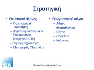Στρατηγική Θεματικοί άξονες Πολιτισμός & Τουρισμός Αγροτική οικονομία & Γαστρονομία Ενέργεια (ΑΠΕ) Υψηλή τεχνολογία Μεταφορές (Ναυτιλία) Γεωγραφικοί πόλοι Αθήνα Θεσσαλονίκη Πάτρα Ηράκλειο Ιωάννινα 