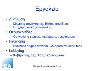 Εργαλεία Δικτύωση Μηνιαίες συναντήσεις, Ετήσιο συνέδριο, Επιχειρηματικές αποστολές Θερμοκοιτίδες Co-working spaces, incubators, accelerators Financing Business angels network, Co-operative seed fund Lobbying Κυβέρνηση, ΕΕ, Πιστωτικά ιδρύματα 