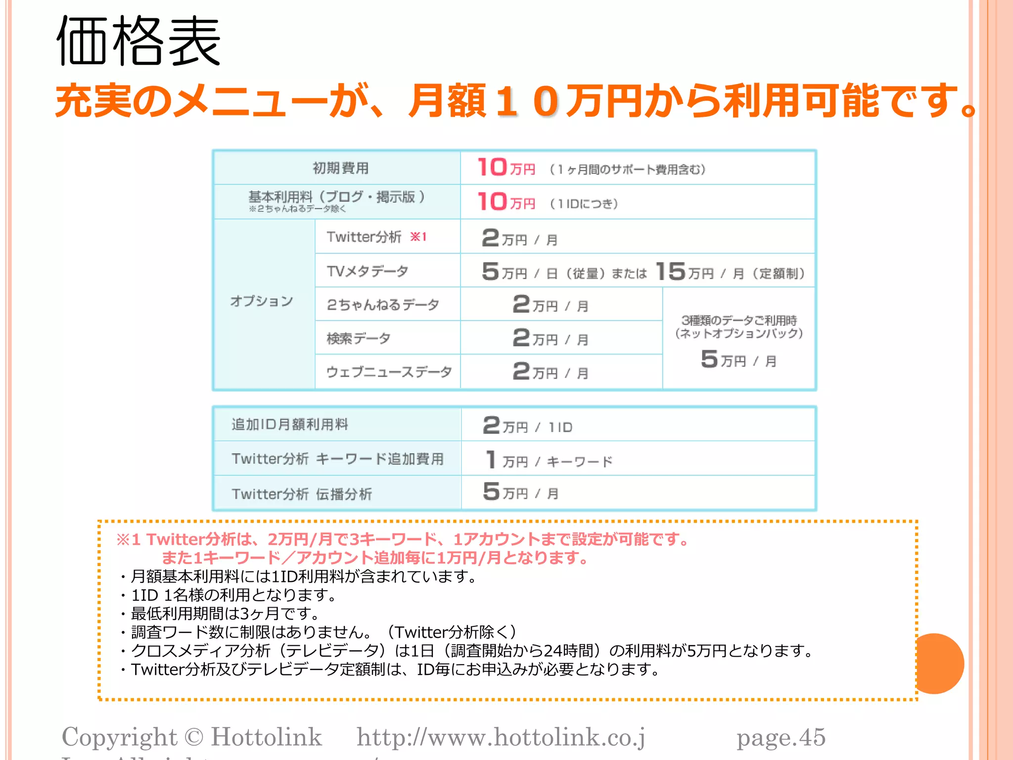 価格表
充実のメニューが、月額１０万円から利用可能です。




    ※1 Twitter分析は、2万円/月で3キーワード、1アカウントまで設定が可能です。
         また1キーワード／アカウント追加毎に1万円/月となります。
    ・月額基本利用料には1ID利用料が含まれています。
    ・1ID 1名様の利用となります。
    ・最低利用期間は3ヶ月です。
    ・調査ワード数に制限はありません。（Twitter分析除く）
    ・クロスメディア分析（テレビデータ）は1日（調査開始から24時間）の利用料が5万円となります。
    ・Twitter分析及びテレビデータ定額制は、ID毎にお申込みが必要となります。



Copyright © Hottolink   http://www.hottolink.co.j   page.45
 