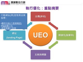 執行優化：重點摘要
行動網站(頁)登陸頁品質
                      出價(排名)
指標：

•觸控功能(介面順暢度)
•Flash最小化
•登陸頁載入時間

       網址             品質
   (landing Page)     UEO
                      分數
                               關連性(點擊率)




                      文案與標題
 