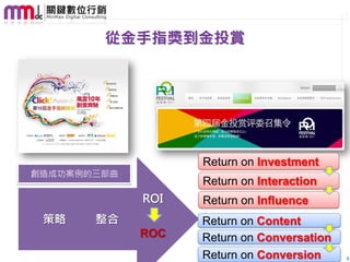從金手指獎到金投賞




                   Return on Investment
創造成功案例的三部曲
                   Return on Interaction
             ROI   Return on Influence
 策略    整合          Return on Content
             ROC   Return on Conversation
                   Return on Conversion     8
 