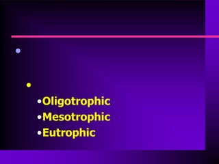 •

    •
        •Oligotrophic
        •Mesotrophic
        •Eutrophic
 