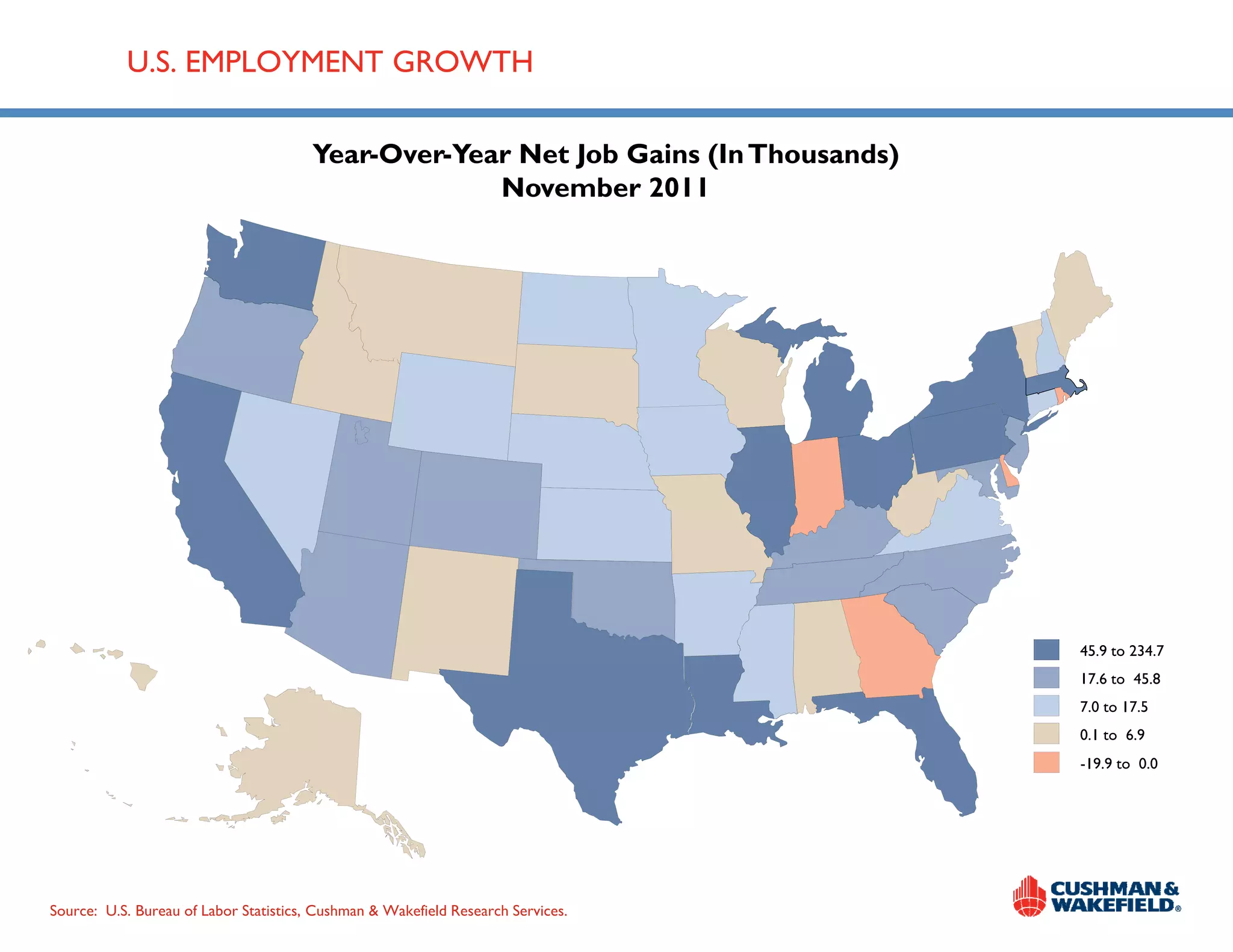 U.S. EMPLOYMENT GROWTH

                                        Year-Over-Year Net Job Gains (In Thousands)
                                                     November 2011




                                                                                                          45.9 to 234.7
                                                                                                          17.6 to 45.8
                                                                                                          7.0 to 17.5
                                                                                                          0.1 to 6.9
                                                                                                          -19.9 to 0.0




                                                                                  UPDATED NOVEMBER 2011
Source: U.S. Bureau of Labor Statistics, Cushman & Wakefield Research Services.
 