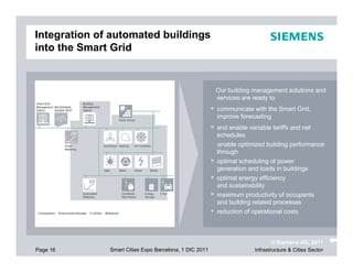 Integration of automated buildings
into the Smart Grid


                                                        Our building management solutions and
                                                        services are ready to
                                                        communicate with the Smart Grid,
                                                        improve forecasting
                                                        and enable variable tariffs and net
                                                        schedules
                                                        enable optimized building performance
                                                        through
                                                        optimal scheduling of power
                                                        generation and loads in buildings
                                                        optimal energy efficiency
                                                        and sustainability
                                                        maximum productivity of occupants
                                                        and building related processes
                                                        reduction of operational costs



                                                                             © Siemens AG, 2011
Page 16       Smart Cities Expo Barcelona, 1 DIC 2011                Infrastructure & Cities Sector
 