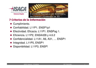 7 Criterios de la Información
   Cumplimiento.
   Confiabilidad. L11P1. ENSP1p1
   Efectividad. Eficacia. L11P1. ENSPag 1.
   Eficiencia. L11P2, ENSArt28 y 4.6.2
   Confidencialidad. L11A1, A6, A31, … ENSP1
   Integridad. L11P5, ENSP1
   Disponibilidad. L11P3, ENSP!




           ISACA Valencia - V Congress    2011-November   1
 