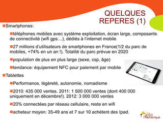 QUELQUES
                                               REPERES (1)
Smartphones:
   téléphones mobiles avec système exploitation, écran large, composants
   de connectivité (wifi gps…), dédiés à l’internet mobile
   27 millions d’utilisateurs de smartphones en France(1/2 du parc de
   mobiles, +74% en un an !). Totalité du parc prévue en 2020
   population de plus en plus large (sexe, csp, âge)
   tendance: équipement NFC pour paiement par mobile
Tablettes
   Performance, légèreté, autonomie, nomadisme
   2010: 435 000 ventes. 2011: 1 500 000 ventes (dont 400 000
   uniquement en décembre!). 2012: 3 000 000 ventes
   20% connectées par réseau cellulaire, reste en wifi
   acheteur moyen: 35-49 ans et 7 sur 10 achètent des Ipad.
 