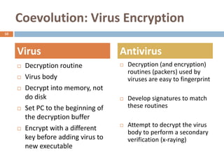 Coevolution: Virus Encryption
10




     Virus                            Antivirus
        Decryption routine              Decryption (and encryption)
                                          routines (packers) used by
        Virus body                       viruses are easy to fingerprint
        Decrypt into memory, not
         do disk                         Develop signatures to match
        Set PC to the beginning of       these routines
         the decryption buffer
                                         Attempt to decrypt the virus
        Encrypt with a different
                                          body to perform a secondary
         key before adding virus to       verification (x-raying)
         new executable
 