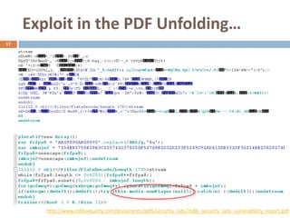 Exploit in the PDF Unfolding…
17




        http://www.m86security.com/documents/pdfs/security_labs/m86_security_labs_vulnerability_report.pdf
 