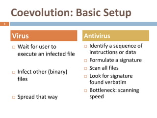 Coevolution: Basic Setup
6




    Virus                          Antivirus
       Wait for user to              Identify a sequence of
        execute an infected file       instructions or data
                                      Formulate a signature
                                      Scan all files
       Infect other (binary)
                                      Look for signature
        files
                                       found verbatim
                                      Bottleneck: scanning
       Spread that way                speed
 