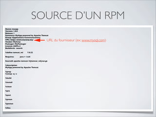 SOURCE D’UN RPM
Name: myapp
Version: 1.0.0
Release: 1
Summary: MyApp powered by Apache Tomcat
Group: Applications/Communications
URL: http://www.mycorp.org/
Vendor: MyCorp
                                          URL du fournisseur (ex: www.mysql.com)
Packager: MyPackager
License: AGPLv1
BuildArch: noarch

%deﬁne tomcat_rel      7.0.22

Requires:      java = 1.6.0

Source0: apache-tomcat-%{tomcat_rel}.tar.gz

%description
MyApp powered by Apache Tomcat

%prep
%setup -q -c

%build

%install

%clean

%pre

%post

%preun

%postun

%ﬁles
 