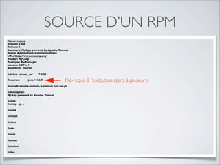 SOURCE D’UN RPM
Name: myapp
Version: 1.0.0
Release: 1
Summary: MyApp powered by Apache Tomcat
Group: Applications/Communications
URL: http://www.mycorp.org/
Vendor: MyCorp
Packager: MyPackager
License: AGPLv1
BuildArch: noarch

%deﬁne tomcat_rel      7.0.22

Requires:      java = 1.6.0              Pré-requis à l’exécution (zero à plusieurs)
Source0: apache-tomcat-%{tomcat_rel}.tar.gz

%description
MyApp powered by Apache Tomcat

%prep
%setup -q -c

%build

%install

%clean

%pre

%post

%preun

%postun

%ﬁles
 