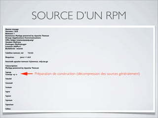 SOURCE D’UN RPM
Name: myapp
Version: 1.0.0
Release: 1
Summary: MyApp powered by Apache Tomcat
Group: Applications/Communications
URL: http://www.mycorp.org/
Vendor: MyCorp
Packager: MyPackager
License: AGPLv1
BuildArch: noarch

%deﬁne tomcat_rel      7.0.22

Requires:      java = 1.6.0

Source0: apache-tomcat-%{tomcat_rel}.tar.gz

%description
MyApp powered by Apache Tomcat

%prep
%setup -q -c                    Préparation de construction (décompression des sources généralement)
%build

%install

%clean

%pre

%post

%preun

%postun

%ﬁles
 