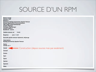 SOURCE D’UN RPM
Name: myapp
Version: 1.0.0
Release: 1
Summary: MyApp powered by Apache Tomcat
Group: Applications/Communications
URL: http://www.mycorp.org/
Vendor: MyCorp
Packager: MyPackager
License: AGPLv1
BuildArch: noarch

%deﬁne tomcat_rel      7.0.22

Requires:      java = 1.6.0

Source0: apache-tomcat-%{tomcat_rel}.tar.gz

%description
MyApp powered by Apache Tomcat

%prep
%setup -q -c

%build                        Construction (depuis sources mais pas seulement)
%install

%clean

%pre

%post

%preun

%postun

%ﬁles
 