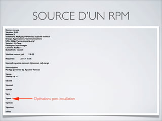 SOURCE D’UN RPM
Name: myapp
Version: 1.0.0
Release: 1
Summary: MyApp powered by Apache Tomcat
Group: Applications/Communications
URL: http://www.mycorp.org/
Vendor: MyCorp
Packager: MyPackager
License: AGPLv1
BuildArch: noarch

%deﬁne tomcat_rel      7.0.22

Requires:      java = 1.6.0

Source0: apache-tomcat-%{tomcat_rel}.tar.gz

%description
MyApp powered by Apache Tomcat

%prep
%setup -q -c

%build

%install

%clean

%pre

%post                         Opérations post installation
%preun

%postun

%ﬁles
 
