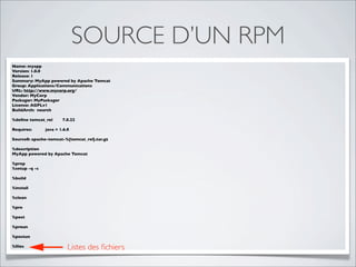 SOURCE D’UN RPM
Name: myapp
Version: 1.0.0
Release: 1
Summary: MyApp powered by Apache Tomcat
Group: Applications/Communications
URL: http://www.mycorp.org/
Vendor: MyCorp
Packager: MyPackager
License: AGPLv1
BuildArch: noarch

%deﬁne tomcat_rel      7.0.22

Requires:      java = 1.6.0

Source0: apache-tomcat-%{tomcat_rel}.tar.gz

%description
MyApp powered by Apache Tomcat

%prep
%setup -q -c

%build

%install

%clean

%pre

%post

%preun

%postun

%ﬁles                     Listes des ﬁchiers
 