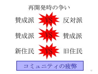 再開発時の争い

賛成派   VS   反対派

賛成派   VS   賛成派

新住民   VS   旧住民

 コミュニティの疲弊       10
 