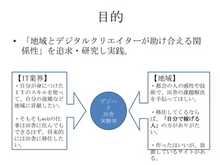 目的
• 「地域とデジタルクリエイターが助け合える関
  係性」を追求・研究し実践。


【IT業界】             【地域】
・自分が身につけた          ・都会の人の感性や技
ＩＴのスキルを使っ          術で、田舎の課題解決
て、自分の故郷など    デジハ   を手伝ってほしい。
地域に貢献したい。      リ
              田舎   ・移住してくるなら
・そもそもwebの仕   実験室   ば、「自分で稼げる
事は田舎に住んでも          人」の方がありがた
できるはず。将来的          い。
には田舎に移住した
い。                 ・作ったはいいが、放
                   置しているサイトがあ
                   る。
 