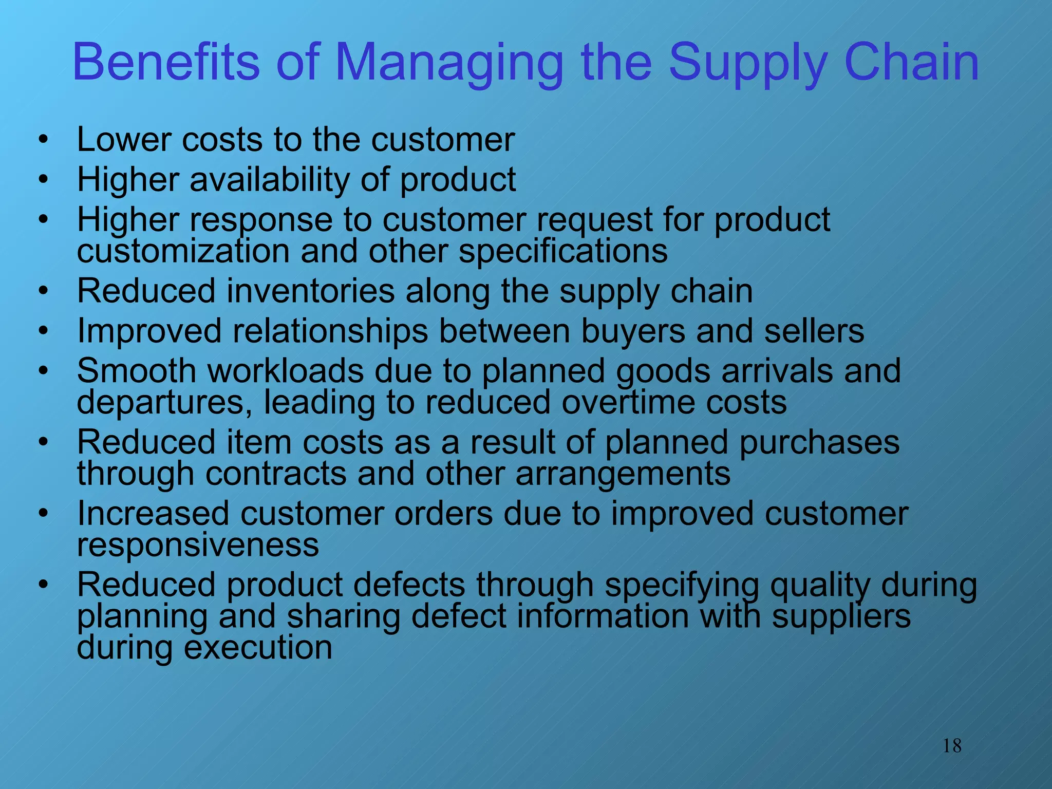 Benefits of Managing the Supply Chain Lower costs to the customer Higher availability of product  Higher response to customer request for product customization and other specifications Reduced inventories along the supply chain Improved relationships between buyers and sellers Smooth workloads due to planned goods arrivals and departures, leading to reduced overtime costs Reduced item costs as a result of planned purchases through contracts and other arrangements Increased customer orders due to improved customer responsiveness Reduced product defects through specifying quality during planning and sharing defect information with suppliers during execution 