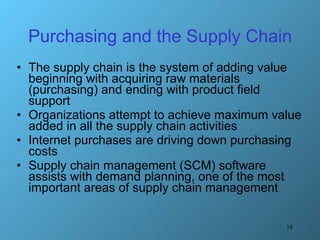 Purchasing and the Supply Chain The supply chain is the system of adding value beginning with acquiring raw materials (purchasing) and ending with product field support Organizations attempt to achieve maximum value added in all the supply chain activities Internet purchases are driving down purchasing costs Supply chain management (SCM) software assists with demand planning, one of the most important areas of supply chain management 