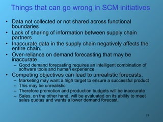 Things that can go wrong in SCM initiatives  Data not collected or not shared across functional boundaries Lack of sharing of information between supply chain partners Inaccurate data in the supply chain negatively affects the entire chain.  Over-reliance on demand forecasting that may be inaccurate Good demand forecasting requires an intelligent combination of software tools and human experience Competing objectives can lead to unrealistic forecasts.  Marketing may want a high target to ensure a successful product This may be unrealistic Therefore promotion and production budgets will be inaccurate  Sales, on the other hand, will be evaluated on its ability to meet sales quotas and wants a lower demand forecast.  