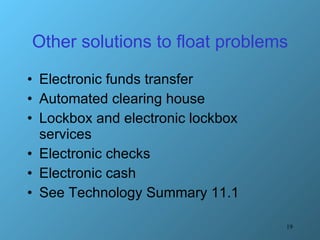 Other solutions to float problems Electronic funds transfer Automated clearing house Lockbox and electronic lockbox services Electronic checks Electronic cash See Technology Summary 11.1 