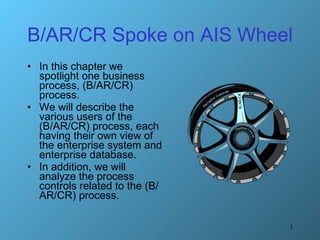 B/AR/CR Spoke on AIS Wheel In this chapter we spotlight one business process, (B/AR/CR) process.  We will describe the various users of the (B/AR/CR) process, each having their own view of the enterprise system and enterprise database.  In addition, we will analyze the process controls related to the (B/AR/CR) process. 