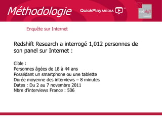 Méthodologie
      Enquête sur Internet


 Redshift Research a interrogé 1,012 personnes de
 son panel sur Internet :

 Ci...